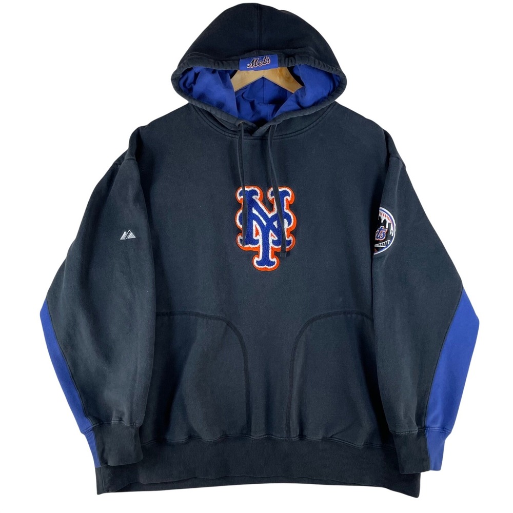 vintage majestic NY mets chenille patch hoodie L/XL *read* black blue heavy Y2K